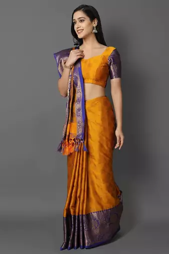 Gold blue blended cotton woven zari work saree with blouse