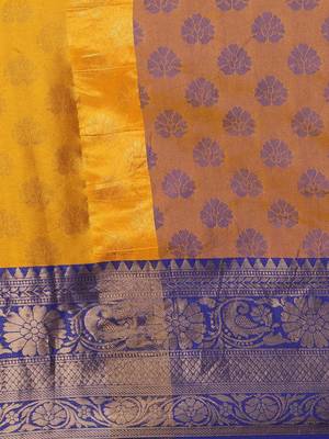 Gold blue blended cotton woven zari work saree with blouse 4