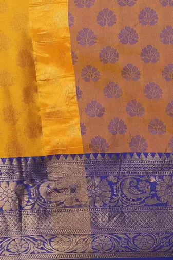 Gold blue blended cotton woven zari work saree with blouse