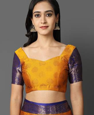 Gold blue blended cotton woven zari work saree with blouse 5