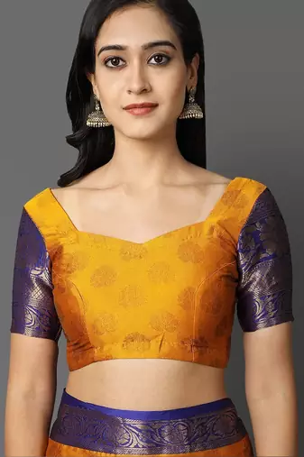 Gold blue blended cotton woven zari work saree with blouse