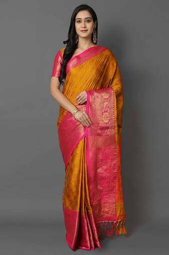 Gold pink blended cotton woven zari work saree with blouse