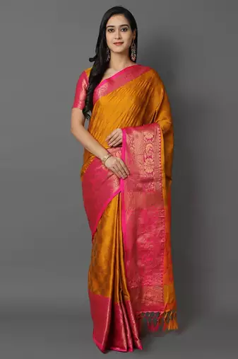 Gold pink blended cotton woven zari work saree with blouse