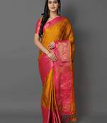 Gold pink blended cotton woven zari work saree with blouse