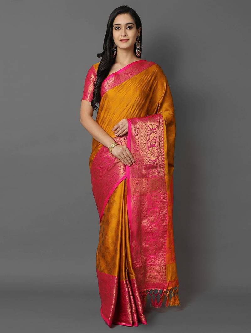 Gold pink blended cotton woven zari work saree with blouse