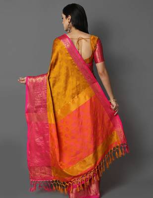 Gold pink blended cotton woven zari work saree with blouse 2