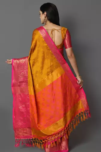 Gold pink blended cotton woven zari work saree with blouse