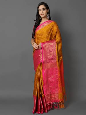 Gold pink blended cotton woven zari work saree with blouse 3