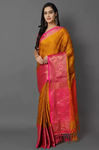 Gold pink blended cotton woven zari work saree with blouse