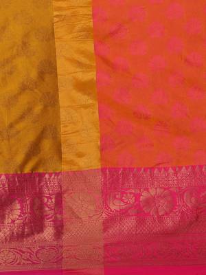 Gold pink blended cotton woven zari work saree with blouse 4
