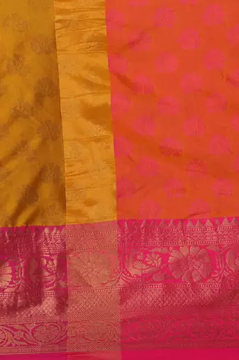 Gold pink blended cotton woven zari work saree with blouse