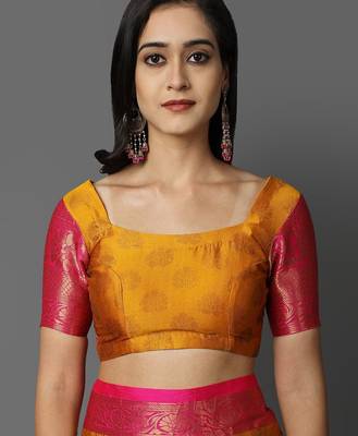 Gold pink blended cotton woven zari work saree with blouse 5