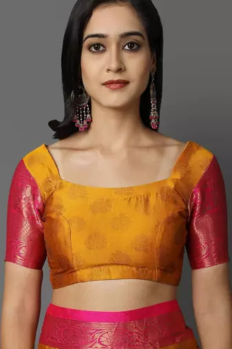 Gold pink blended cotton woven zari work saree with blouse