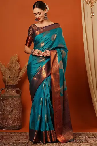 Light blue pure silk printed zari work saree with blouse