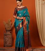 Light blue pure silk printed zari work saree with blouse