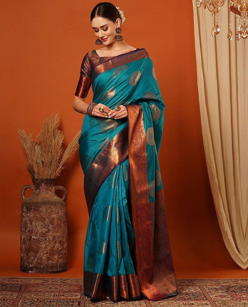 Light blue pure silk printed zari work saree with blouse