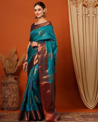 Light blue pure silk printed zari work saree with blouse 2
