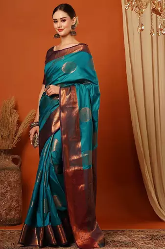 Light blue pure silk printed zari work saree with blouse
