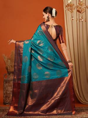 Light blue pure silk printed zari work saree with blouse 3
