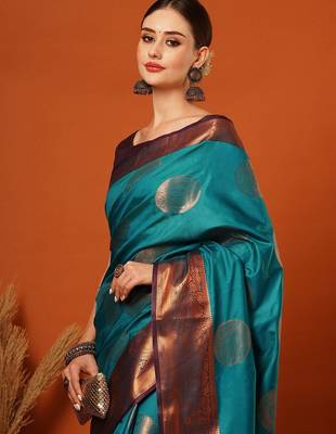 Light blue pure silk printed zari work saree with blouse 4