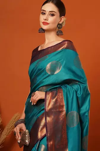 Light blue pure silk printed zari work saree with blouse