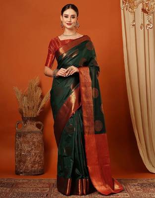 Dark green pure silk printed zari work saree with blouse 1