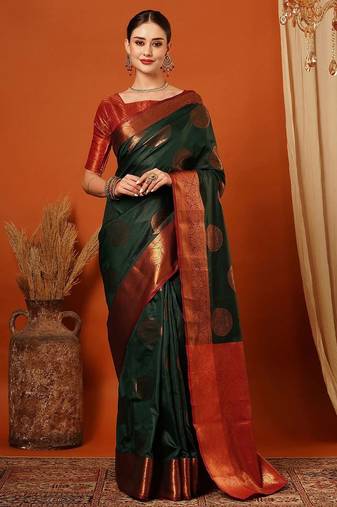 Dark green pure silk printed zari work saree with blouse