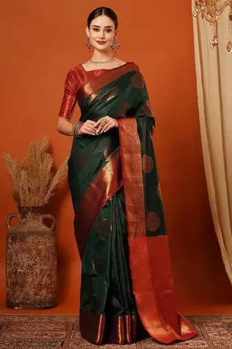 Dark green pure silk printed zari work saree with blouse