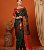 Dark green pure silk printed zari work saree with blouse