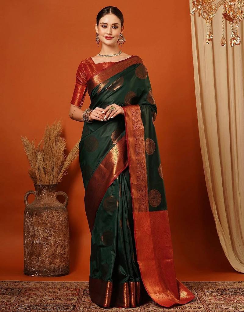 Dark green pure silk printed zari work saree with blouse