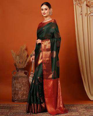 Dark green pure silk printed zari work saree with blouse 2