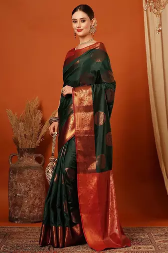 Dark green pure silk printed zari work saree with blouse