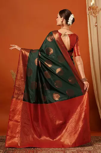 Dark green pure silk printed zari work saree with blouse