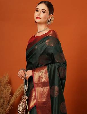 Dark green pure silk printed zari work saree with blouse 4