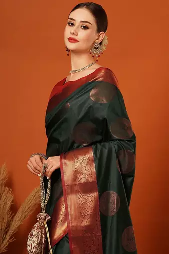 Dark green pure silk printed zari work saree with blouse