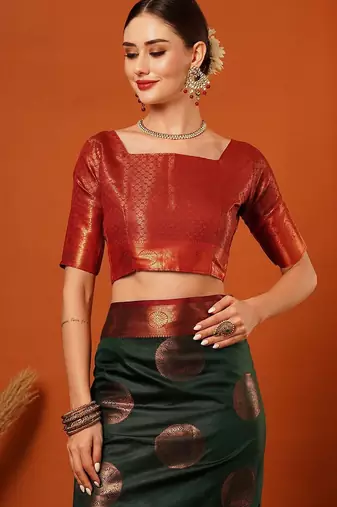 Dark green pure silk printed zari work saree with blouse
