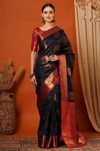 Dark blue pure silk printed zari work saree with blouse
