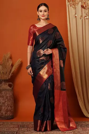 Dark blue pure silk printed zari work saree with blouse