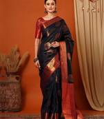 Dark blue pure silk printed zari work saree with blouse