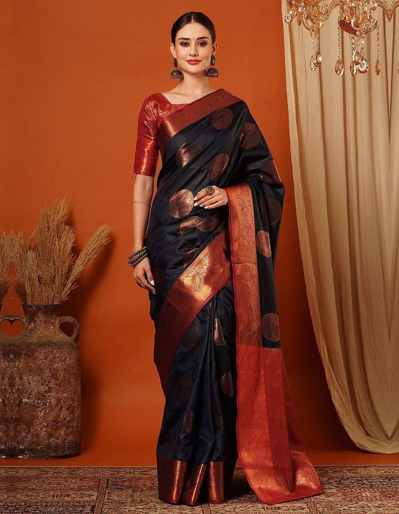 Dark blue pure silk printed zari work saree with blouse