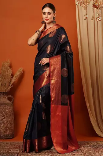 Dark blue pure silk printed zari work saree with blouse