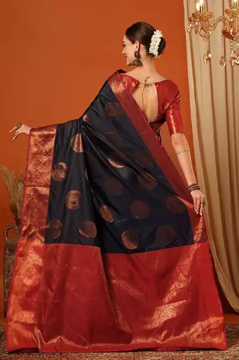 Dark blue pure silk printed zari work saree with blouse