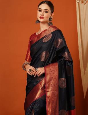 Dark blue pure silk printed zari work saree with blouse 4