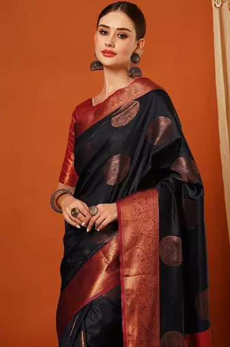 Dark blue pure silk printed zari work saree with blouse