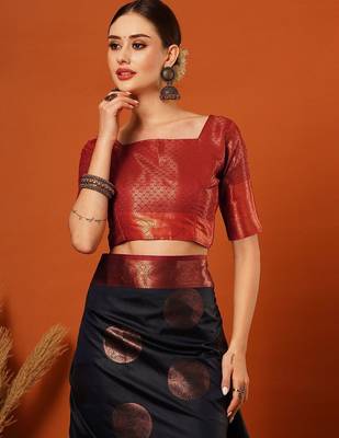 Dark blue pure silk printed zari work saree with blouse 5