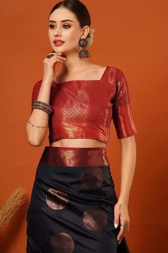 Dark blue pure silk printed zari work saree with blouse