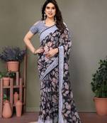 Pink georgette printed zari work saree with blouse