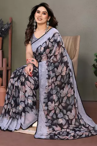 Pink georgette printed zari work saree with blouse