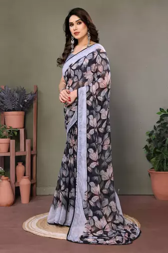 Pink georgette printed zari work saree with blouse