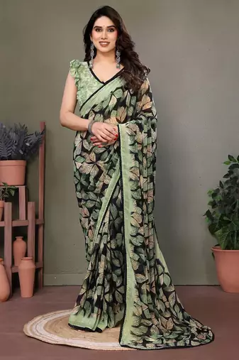 Green georgette printed zari work saree with blouse